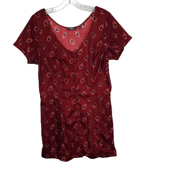 Obey Size M Dress Rouge Mini Floral Crinkle Velvet Button Front Ox Blood Red - Picture 2 of 12